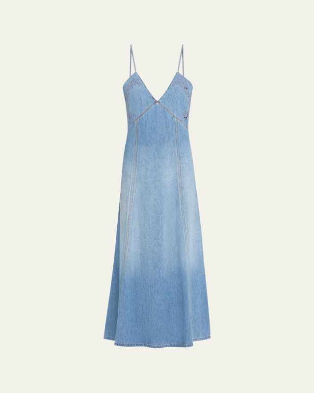 Denim Maxi Dress with Eyelet Embroidery